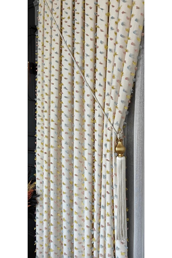 Yuka Pano Fon Perde Krem - Renkli Fırfır Detaylı Tek Kanat Sık Pileli Lüks Seri