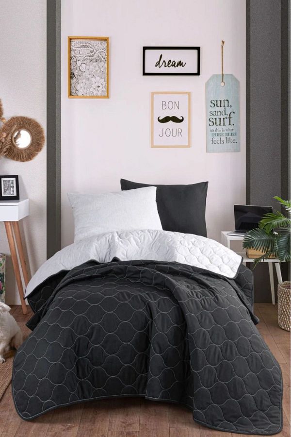 Eponj Home-Single Quilted Bedspread Set - Solid Black-grey 1