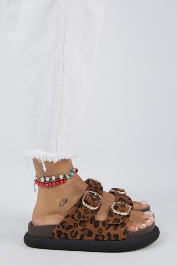Manijero-Genuine Leather Lavanda Leopard Women's Slippers - Double Buckle Tan 1