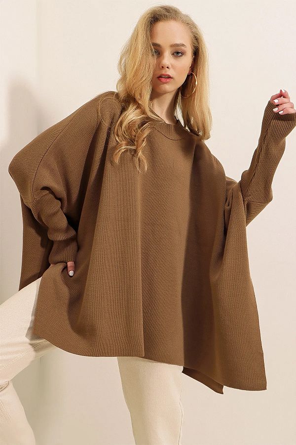 LE CARAMBOLE Tan Color Oversize Poncho Sweater Slit Detail Trendyol