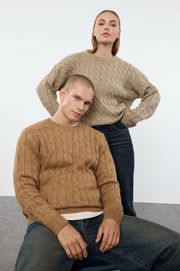 Trendyol Collection Unisex Camel Color Crew Neck Hair Knit Sweater Tmnaw25Kz00005 Trendyol