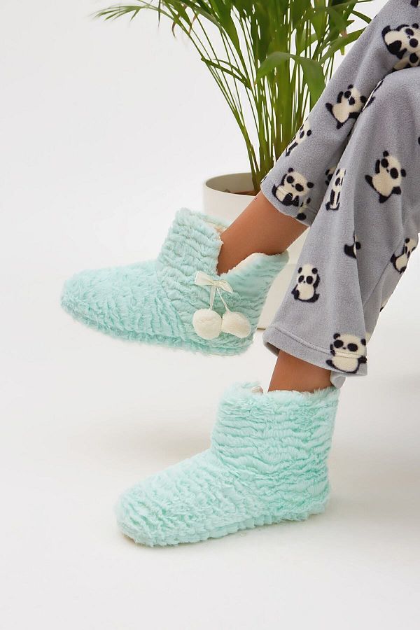 Moda Devrin Women s Mint Green Furry Effect Chinchilla Slippers Home Shoes Home Boots Trendyol