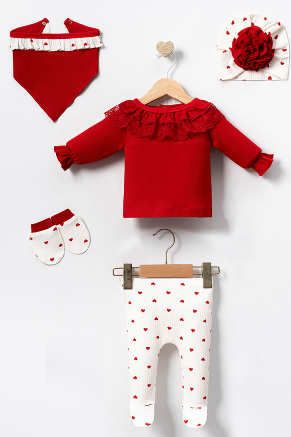 Cherub Baby Helena Dantelli Kalpli Kız Bebek %100 Pamuk Yenidoğan Kız Bebek 5 Parça Hastane Çıkışı Zıbın Seti