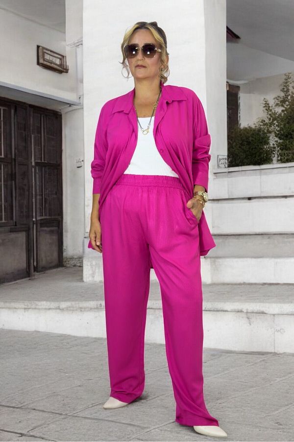 yagmurberen-Cotton Satin Shirt and Lace-up Pants Set - Plus Size, Buttoned Front 1