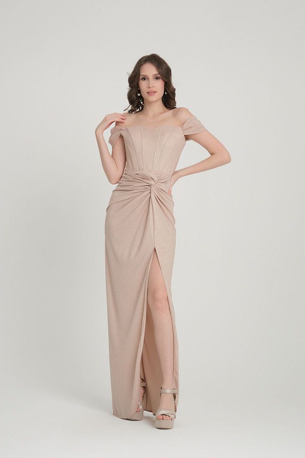 meksila-women's straptes boat neck underwire corset detail long slit with silvery lining engagement invitation evening dress 1