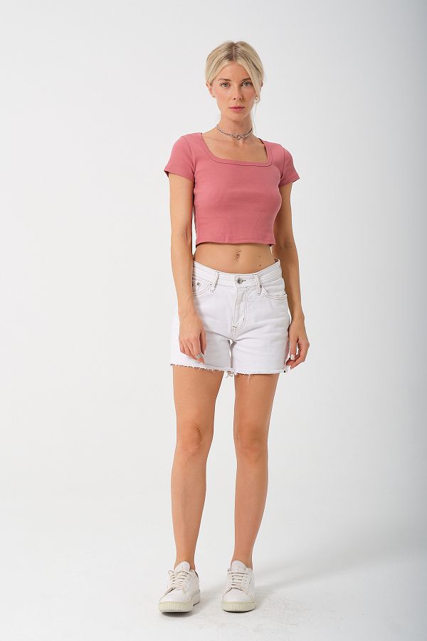 PUNKY CAT-Women's Dried Rose U-Neck Short Sleeve Crop Blouse 1