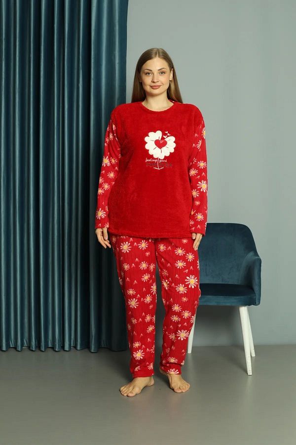Sude Women s Oversize Large Size Fleece Pajamas Set Winter Sleepwear Trendyol