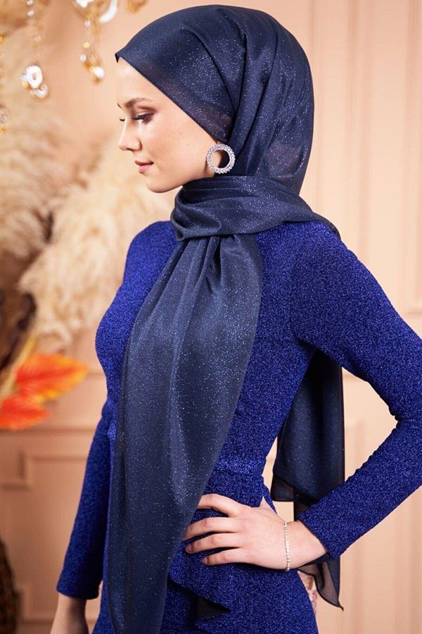 Afilva Women s Silvery Navy Blue Evening Dress Shawl Trendyol