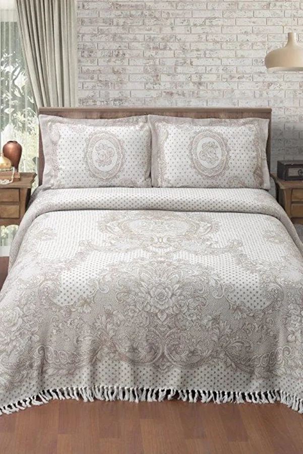 Evim-Cuvertură de pat Bumbac Bej Jacquard Motiv Trandafir - 230x240 Cm 1