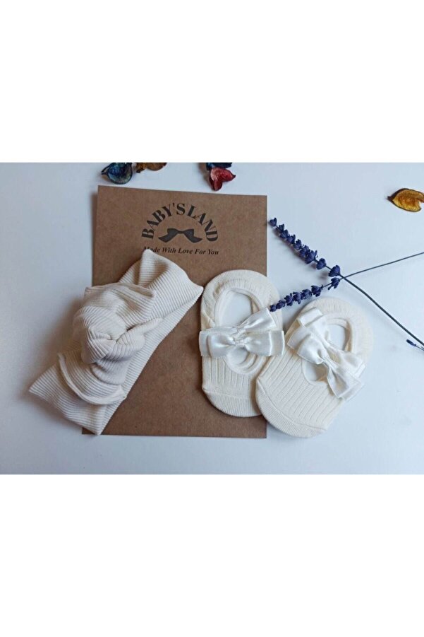 Babyland Kız Bebek/çocuk Krem Ribana Bandana Ve Krem Babet Çorap
