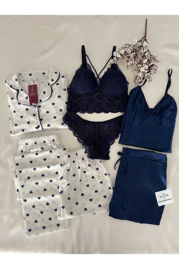 MH Moony Homewears 7-Piece Navy Heart Satin Jersey Pajama Set Underwear Dowry Set
