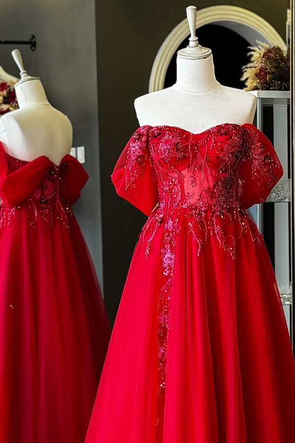 Lenta Moda Red Floral Pattern Lace Covered Tulle Evening Dress and Engagement Dress