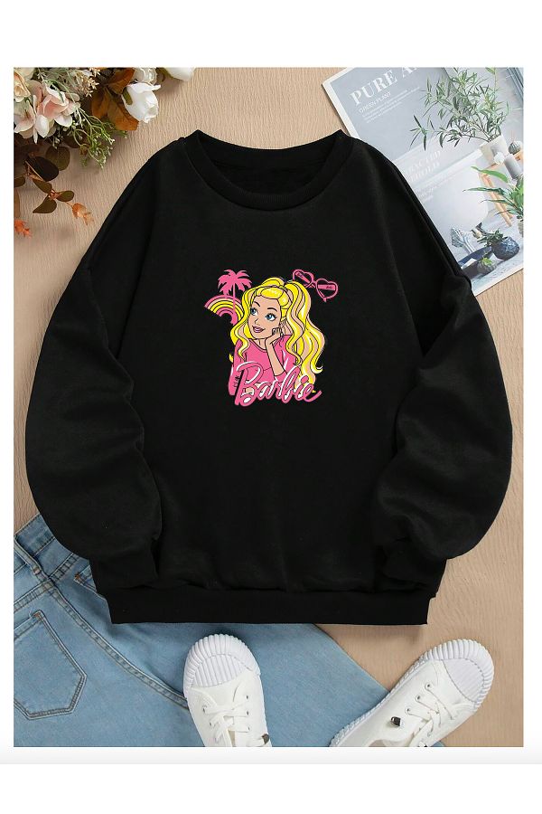 Pelna Black Barbie Printed Cotton Girl s Sweatshirt Trendyol