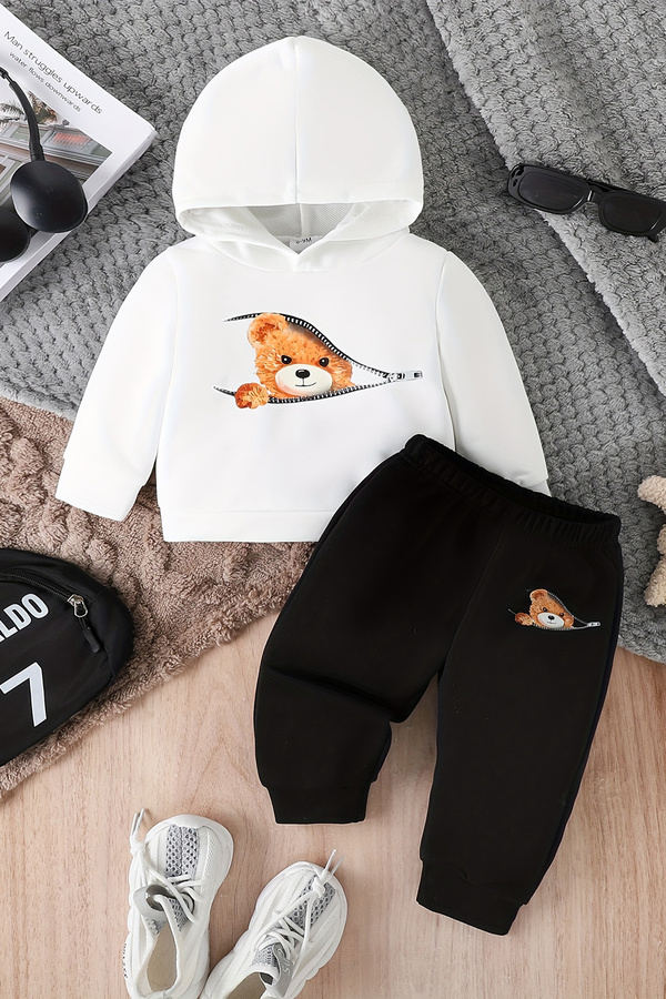 ADABEBEK Premium Sevimli Bear Baskılı Kapşonlu Alt Üst Erkek Bebek Takım 22575