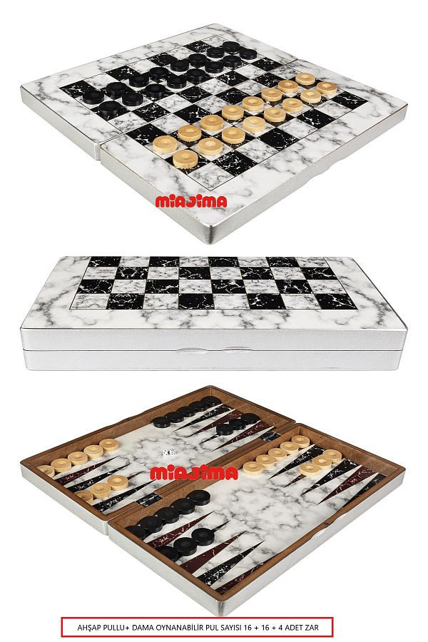 Miajima-Black and White Marble Patterned Large Size Backgammon Set - Wooden Sequin and Checkers 1