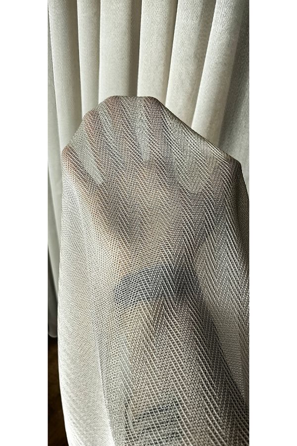 Yuka-Beige Herringbone Model Patterned 1/3 Tight Pleat Tulle Curtain Does Not Wrinkle or Iron 1