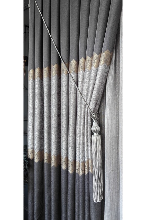 Yuka-Light Gray Jacquard - Single Wing Shiny Board Background Curtain with Gold Stripe and Tight Pleats 1