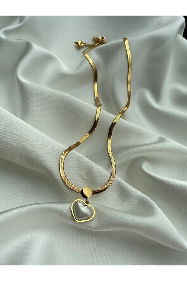 EGO Accessories-Women's Steel Italian Chain White Curved Heart Necklace Gold 1