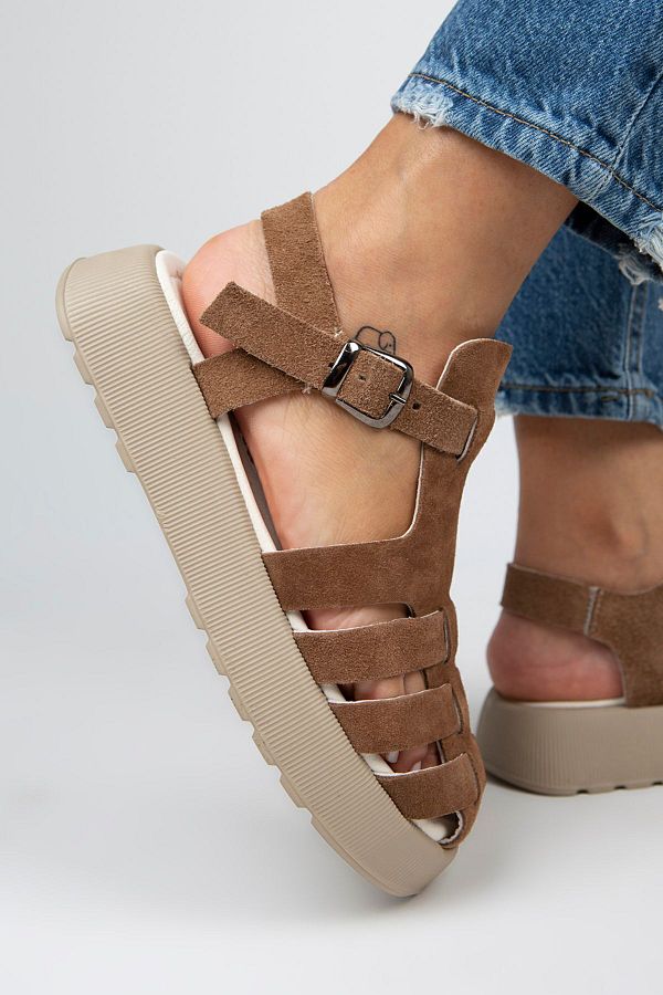 Manijero Rosa Women s Genuine Leather Caged Sandals Dark Tan Sandals Trendyol