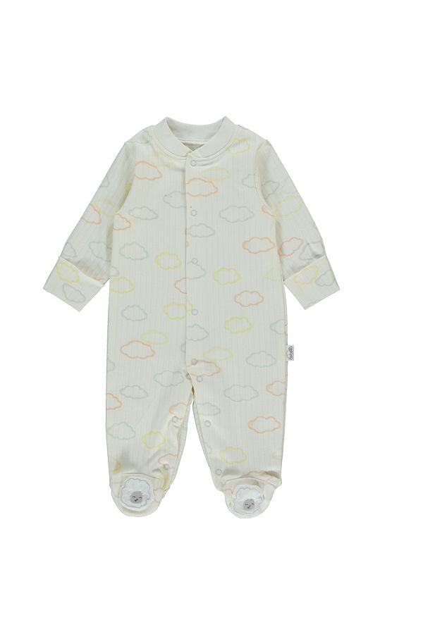 Bebetto-Ecru Color - Happy Sheep Patterned Interlock Jumpsuit with Report and Booties T3679 1