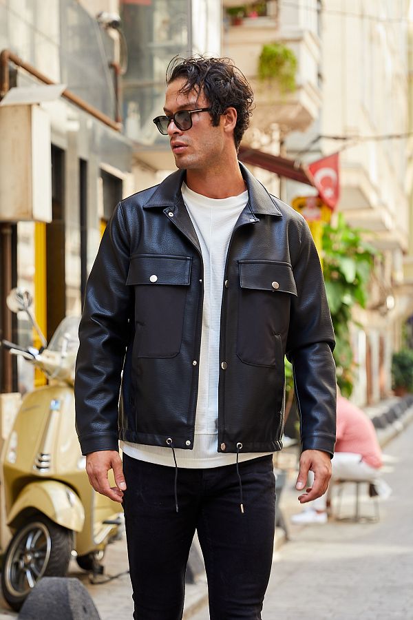 KOMODO Men s Leather Jacket Snap On Trendyol