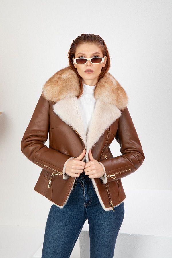 By Marki Marki Brown Genuine Leather Jacket Double Breasted Women s Leather Jacket Fur Collar Beige Fur Inside 113522 Trendyol