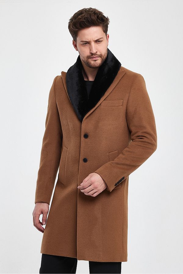 Plus Ninety-Above Knee Length Men's Coat with Detachable Collar and Fur and Wool Blend Buttons 1