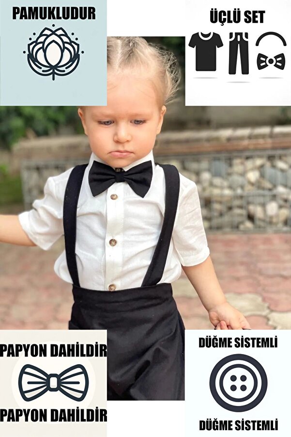 Ares Kids Fashion Salopet Siyah Beyaz Gömlek Ve Papyon Siyah Bayramlık Özel Günlük Bebek Ve Çocuk Giyim