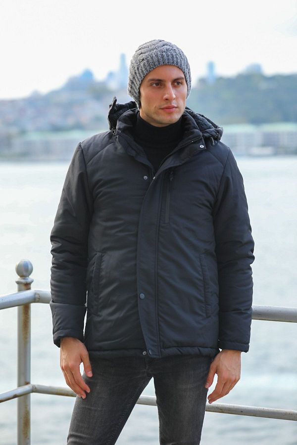 Goccix Men s Black Fleece Outlet Hooded Windproof Sports Winter Coats Coats Parka Trendyol