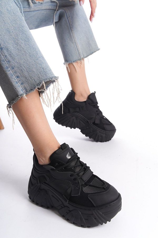 Limeo-Black Leather Laced High Sole Casual Women's Sneaker Sports Shoes 1