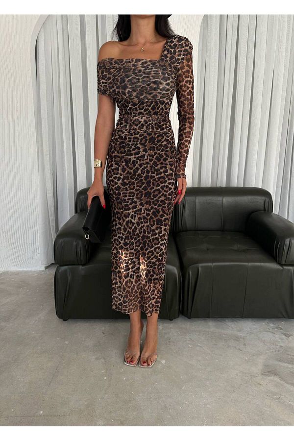 ZF BUTİK-One-Shoulder-Madonna-Tüllkleid mit Leopardenmuster 1