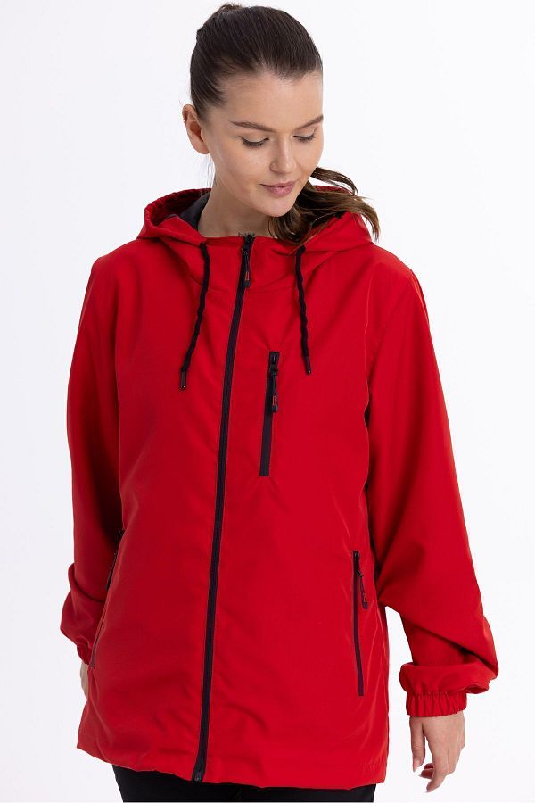 QAWWA Women s Red Lined Wind Resistant Hooded Sports Raincoat with Pockets Windbreaker Jacket Trendyol