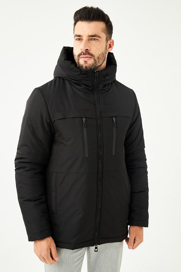 Goccix-Pánský černý zimní sportovní kabát, kabát a parka s kapucí a silnou podšívkou 1