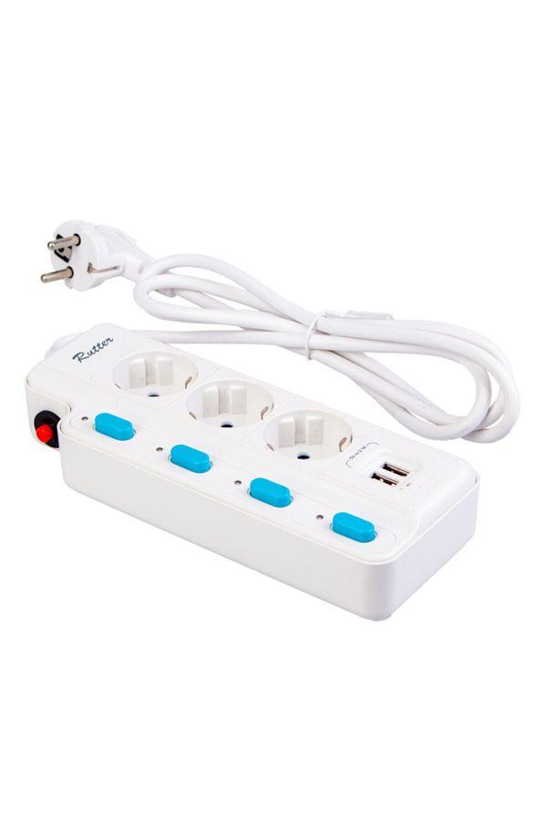 RUTTER-Current Protected 3-Plug Socket Double USB 5 Switch 1.5m Fra-105u 1