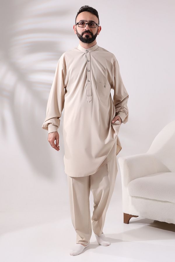 ihvanonline-Men's Viscose Afghan Suit - Berat Hajj and Umrah Clothing, Dark Cream 1