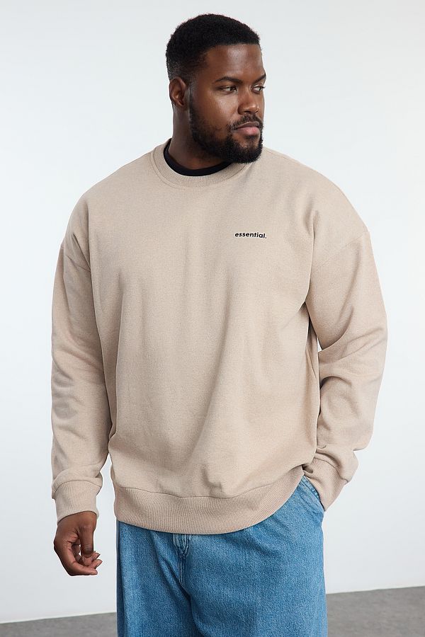 Trendyol Collection-Bluza beżowa w dużym rozmiarze - okrągły dekolt, polar, szeroki krój Tmnaw25Ao00053 1