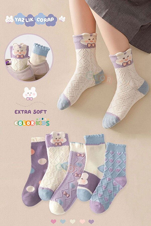 Color Socks 5 Çift Tavşan Desenli Kız Çocuk Çorap Seti (TERLETMEZ)