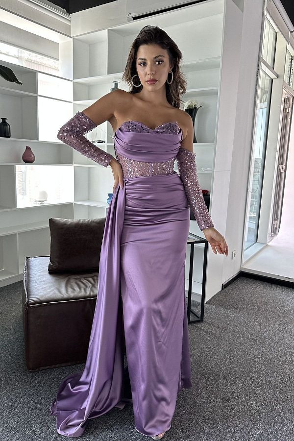 yem Abiye Elegant Satin Design Evening Dress with Transparent and Embroidered Sleeve Detail Trendyol