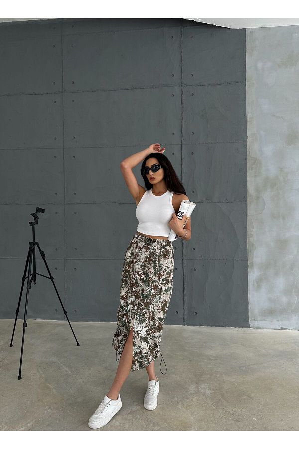 Zeo Basic Gray Camouflage Midi Skirt Parachute Fabric Elastic Waist and Legs Cargo Pocket Trendyol