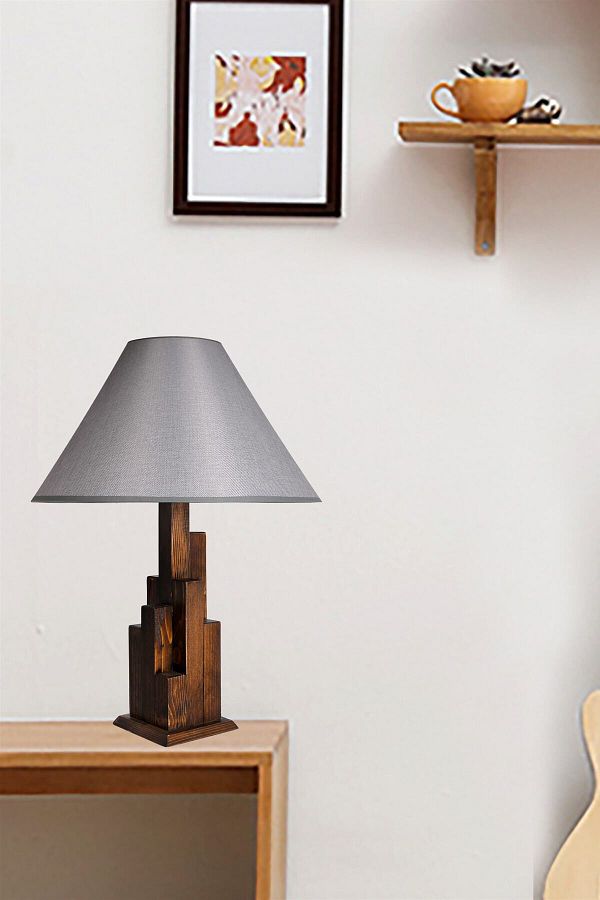 Lumexx-Gray Pyramid Wicker Tower Walnut Wooden Table Lamp - With Lampshade 1
