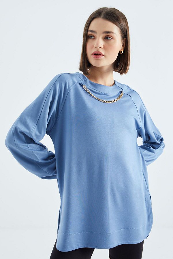 Veryperi Sky Blue O Neck Chain Detailed Oversize Women s Tunic Sweatshirt 02383 Trendyol