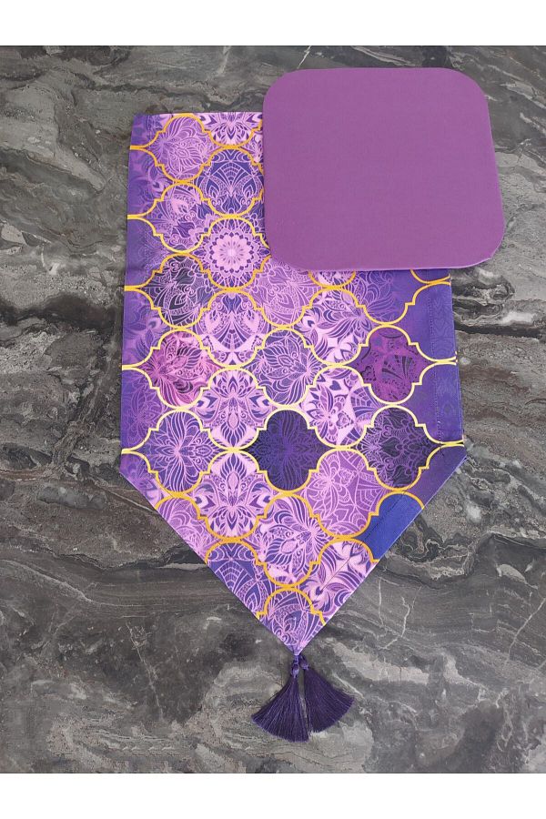 dehaberk-Purple Moroccan Pattern Runner + 6 Pieces Square Placemat Set 1