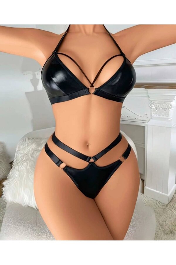 İntive Lingerie-Women's Latex Shiny Leather Halter Strap Bra Suit with Waist Stripe-00123 1