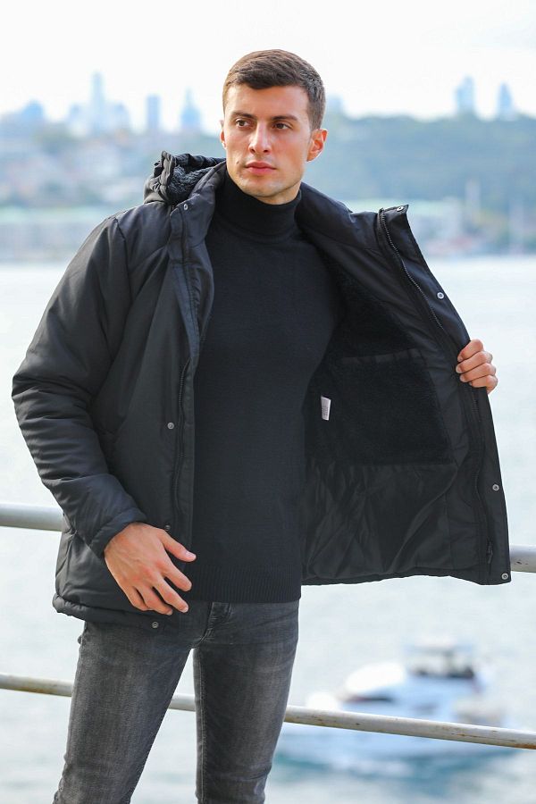 Goccix Men s Black Fleece Outlet Hooded Windproof Sports Winter Coats Coats Parka Trendyol