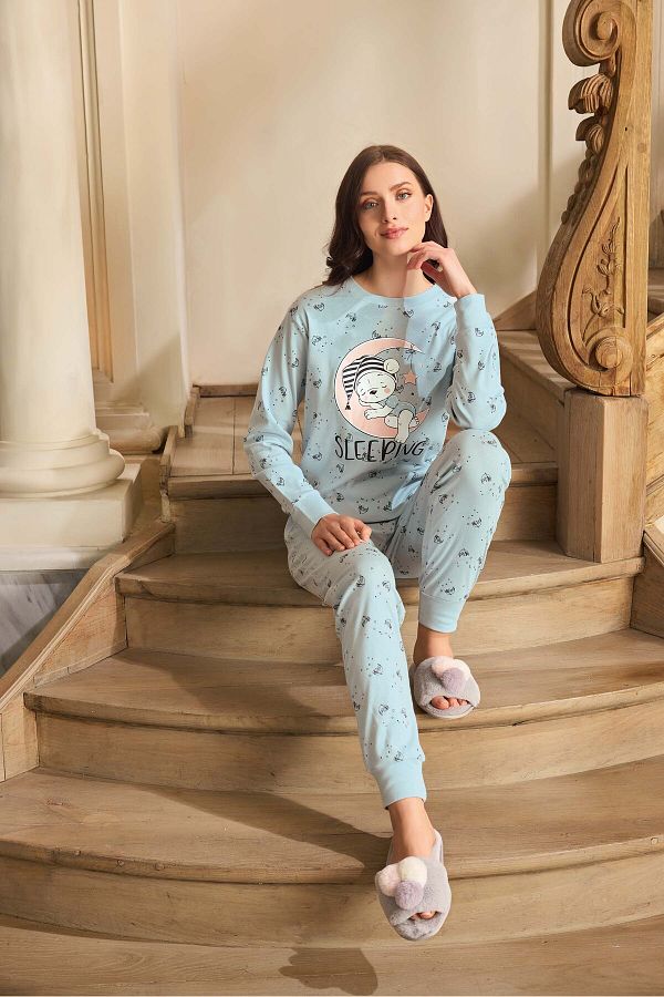 Lodos Store Aydo an Women s Cotton Ribbed Long Sleeve Pajama Set Teddy Bear Pattern Trendyol
