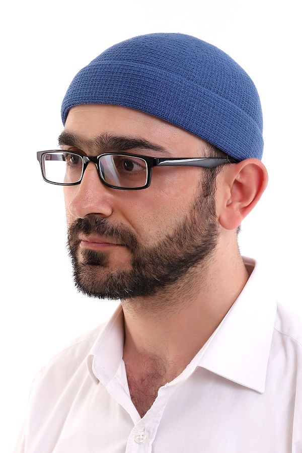 ihvanonline-Blue Folded Plain Pattern Winter Orlon Skullcap Hat 1