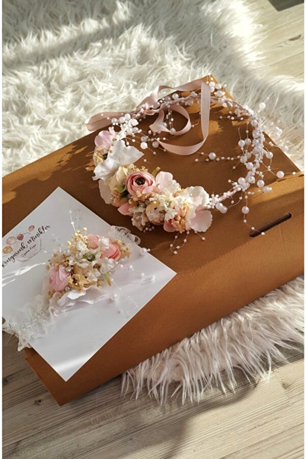 çiğdem kaya design Pembe Somon Kuru Çiçekli Anne & Bebek Özel Tasarım Taç Saçbandı (hamile Tacı)