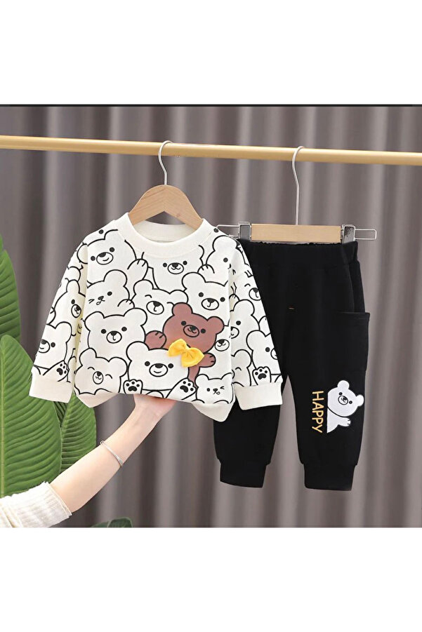 Bubito Happy Ayı Görselli Papyonlu Penye 2'li Alt Üst Takım-beyaz
