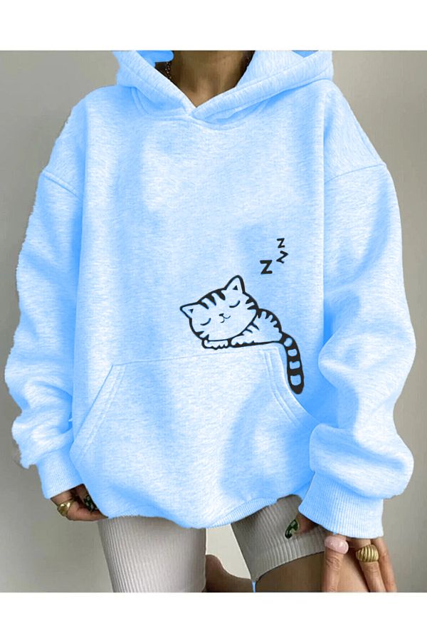 NEW MODA Hooded Sweatshirt with Cat Print on the Pocket Trendyol