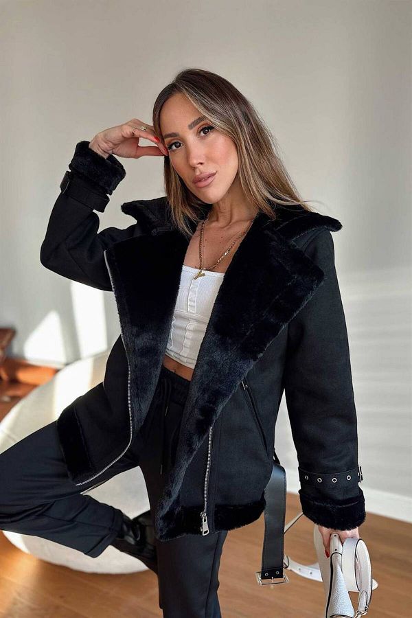 Afiş Butik-Wildledermantel mit Fell innen und Gürtel 1